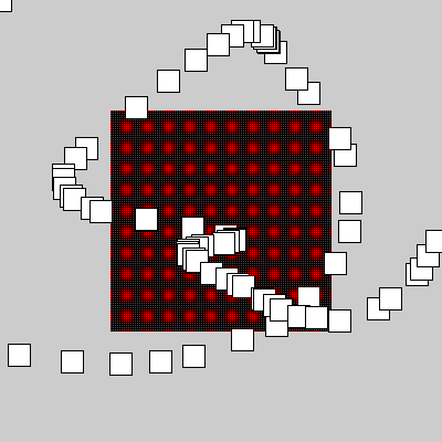 Large spotted red square in the center of a gray image with small white squares scattered about